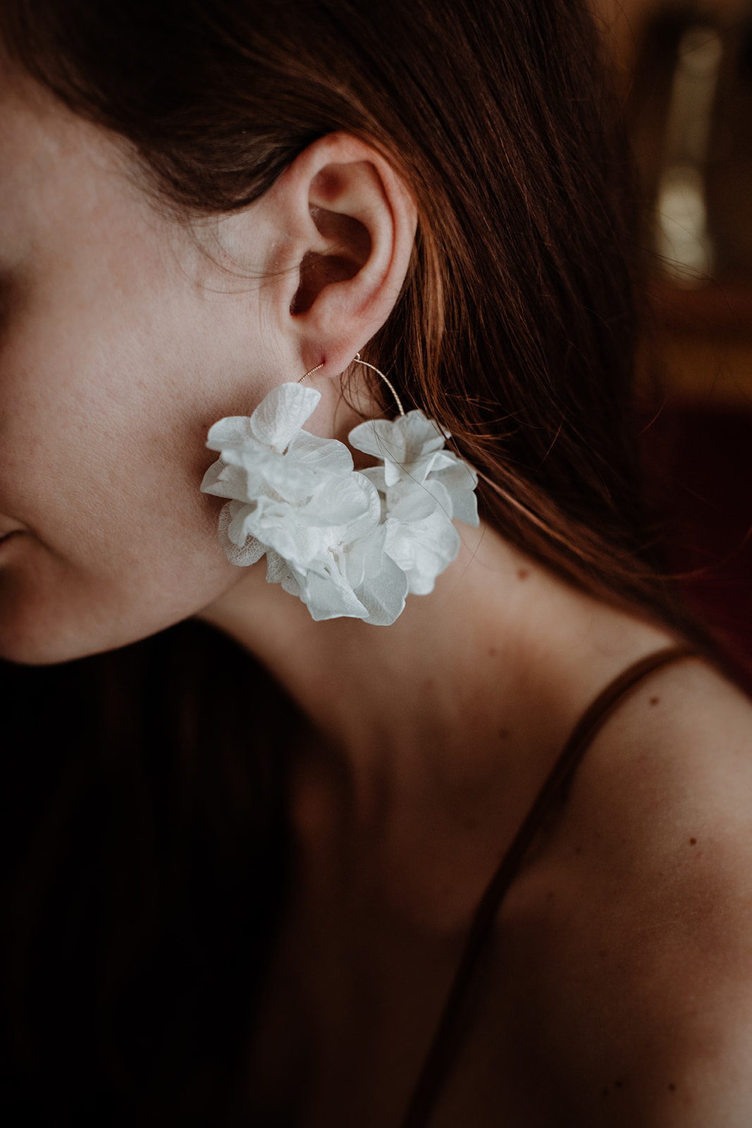 créoles boucle d'oreille bijou fleurs séchées hortensia blanc mariage mariée bohème