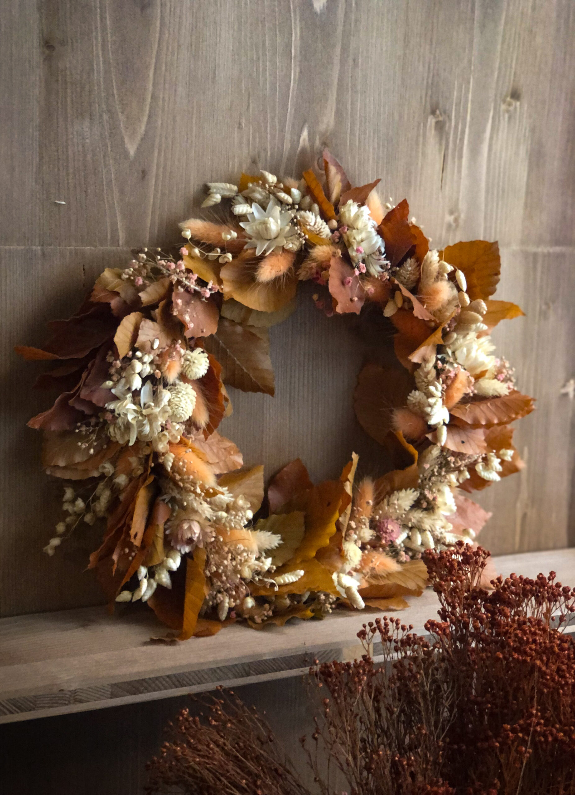 couronne de fleurs séchées ocre hêtre chêne toulouse fleuriste